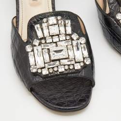 Pre Owned Prada Black Croc Embossed Leather Crystal Embellished Slide Sandals Size 38