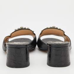 Pre Owned Prada Black Croc Embossed Leather Crystal Embellished Slide Sandals Size 38
