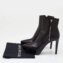Pre Owned Prada Black Leather Pointed Toe Platform Ankle Length Boots Size 37.5