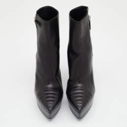 Pre Owned Prada Black Leather Pointed Toe Platform Ankle Length Boots Size 37.5