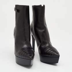 Pre Owned Prada Black Leather Pointed Toe Platform Ankle Length Boots Size 37.5