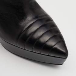 Pre Owned Prada Black Leather Pointed Toe Platform Ankle Length Boots Size 37.5