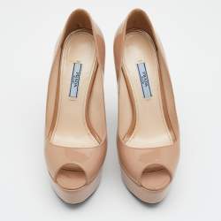 Pre Owned Prada Beige Patent Leather Peep Toe Platform Pumps Size 37.5