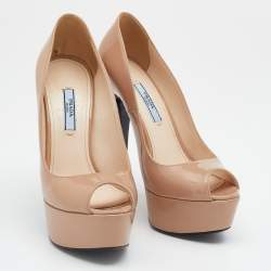 Pre Owned Prada Beige Patent Leather Peep Toe Platform Pumps Size 37.5