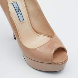 Pre Owned Prada Beige Patent Leather Peep Toe Platform Pumps Size 37.5