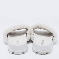 Pre Owned Prada White Shearling Logo Slide Sandals Size 40