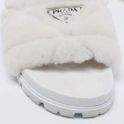 Pre Owned Prada White Shearling Logo Slide Sandals Size 40