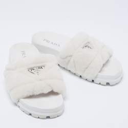 Pre Owned Prada White Shearling Logo Slide Sandals Size 40