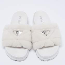 Pre Owned Prada White Shearling Logo Slide Sandals Size 40