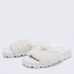 Pre Owned Prada White Shearling Logo Slide Sandals Size 40