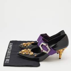 Prada Black/Purple Leather And Satin Jeweled Mary Jane Pointed Toe Pumps Size 39