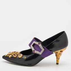 Prada Black/Purple Leather And Satin Jeweled Mary Jane Pointed Toe Pumps Size 39
