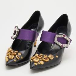 Prada Black/Purple Leather And Satin Jeweled Mary Jane Pointed Toe Pumps Size 39
