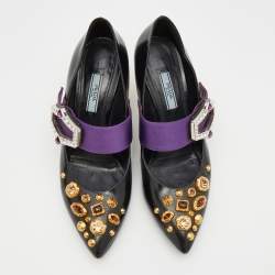 Prada Black/Purple Leather And Satin Jeweled Mary Jane Pointed Toe Pumps Size 39