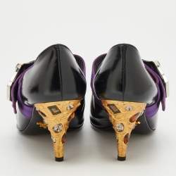 Prada Black/Purple Leather And Satin Jeweled Mary Jane Pointed Toe Pumps Size 39