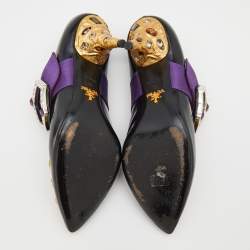 Prada Black/Purple Leather And Satin Jeweled Mary Jane Pointed Toe Pumps Size 39