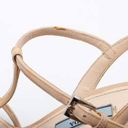 Pre Owned Prada Beige/Red Patent Leather Logo Bow Ankle Strap Sandals Size 38