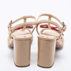 Pre Owned Prada Beige/Red Patent Leather Logo Bow Ankle Strap Sandals Size 38