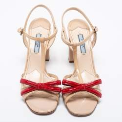 Pre Owned Prada Beige/Red Patent Leather Logo Bow Ankle Strap Sandals Size 38