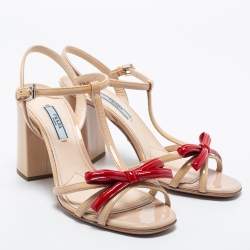 Pre Owned Prada Beige/Red Patent Leather Logo Bow Ankle Strap Sandals Size 38