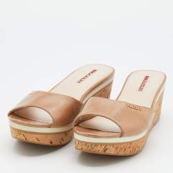 Prada Beige Leather Cork Platform Wedge Slide Sandals Size 40.5