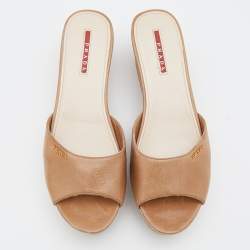Prada Beige Leather Cork Platform Wedge Slide Sandals Size 40.5