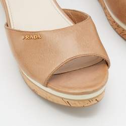 Prada Beige Leather Cork Platform Wedge Slide Sandals Size 40.5