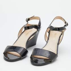 Pre Owned Prada Black Patent Leather Ankle Strap Wedge Sandals Size 39