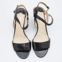 Pre Owned Prada Black Patent Leather Ankle Strap Wedge Sandals Size 39