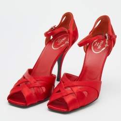 Pre Owned Prada Red Satin Ankle Strap Sandals Size 37