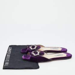 Pre Owned Prada Purple Velvet And Leather Crystal Embellished Flat Slide Sandals Size 39.5