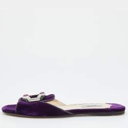 Pre Owned Prada Purple Velvet And Leather Crystal Embellished Flat Slide Sandals Size 39.5