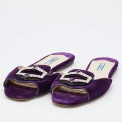 Pre Owned Prada Purple Velvet And Leather Crystal Embellished Flat Slide Sandals Size 39.5