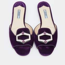 Pre Owned Prada Purple Velvet And Leather Crystal Embellished Flat Slide Sandals Size 39.5