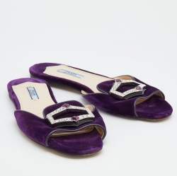 Pre Owned Prada Purple Velvet And Leather Crystal Embellished Flat Slide Sandals Size 39.5