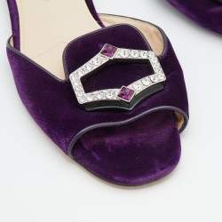 Pre Owned Prada Purple Velvet And Leather Crystal Embellished Flat Slide Sandals Size 39.5
