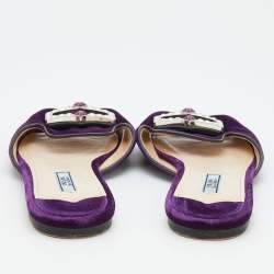Pre Owned Prada Purple Velvet And Leather Crystal Embellished Flat Slide Sandals Size 39.5