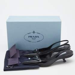 Pre Owned Prada Black Leather Triangle Logo Kitten Heel Slingback Sandals Size 39