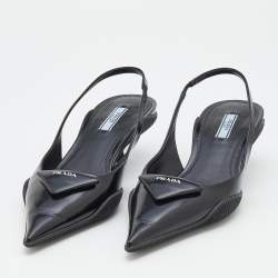 Pre Owned Prada Black Leather Triangle Logo Kitten Heel Slingback Sandals Size 39
