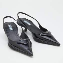 Pre Owned Prada Black Leather Triangle Logo Kitten Heel Slingback Sandals Size 39