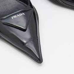 Pre Owned Prada Black Leather Triangle Logo Kitten Heel Slingback Sandals Size 39