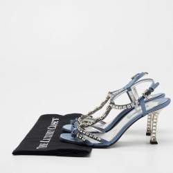 Pre Owned Prada Blue Satin Crystal Studded Ankle Strap Sandals Size 37