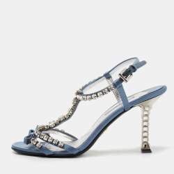 Pre Owned Prada Blue Satin Crystal Studded Ankle Strap Sandals Size 37