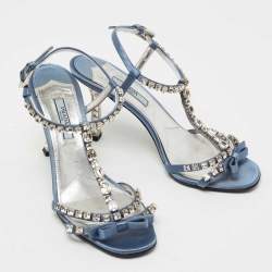 Pre Owned Prada Blue Satin Crystal Studded Ankle Strap Sandals Size 37