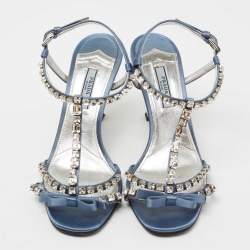Pre Owned Prada Blue Satin Crystal Studded Ankle Strap Sandals Size 37