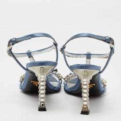 Pre Owned Prada Blue Satin Crystal Studded Ankle Strap Sandals Size 37