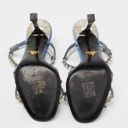 Pre Owned Prada Blue Satin Crystal Studded Ankle Strap Sandals Size 37