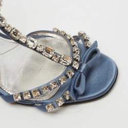 Pre Owned Prada Blue Satin Crystal Studded Ankle Strap Sandals Size 37