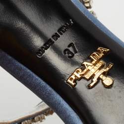 Pre Owned Prada Blue Satin Crystal Studded Ankle Strap Sandals Size 37