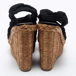 Prada Black Fabric Knotted Bow Raffia Wedge Platform Sandals Size 36.5